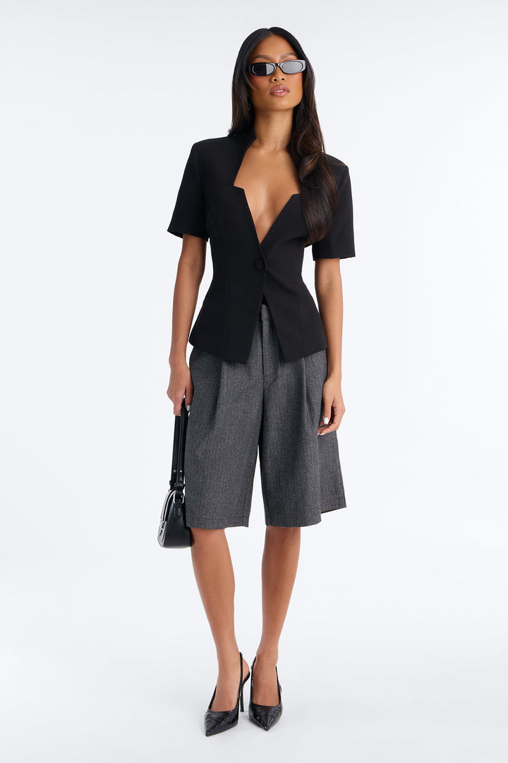 Gemini Dreams Stand Collar Short Sleeve Blazer - Black.