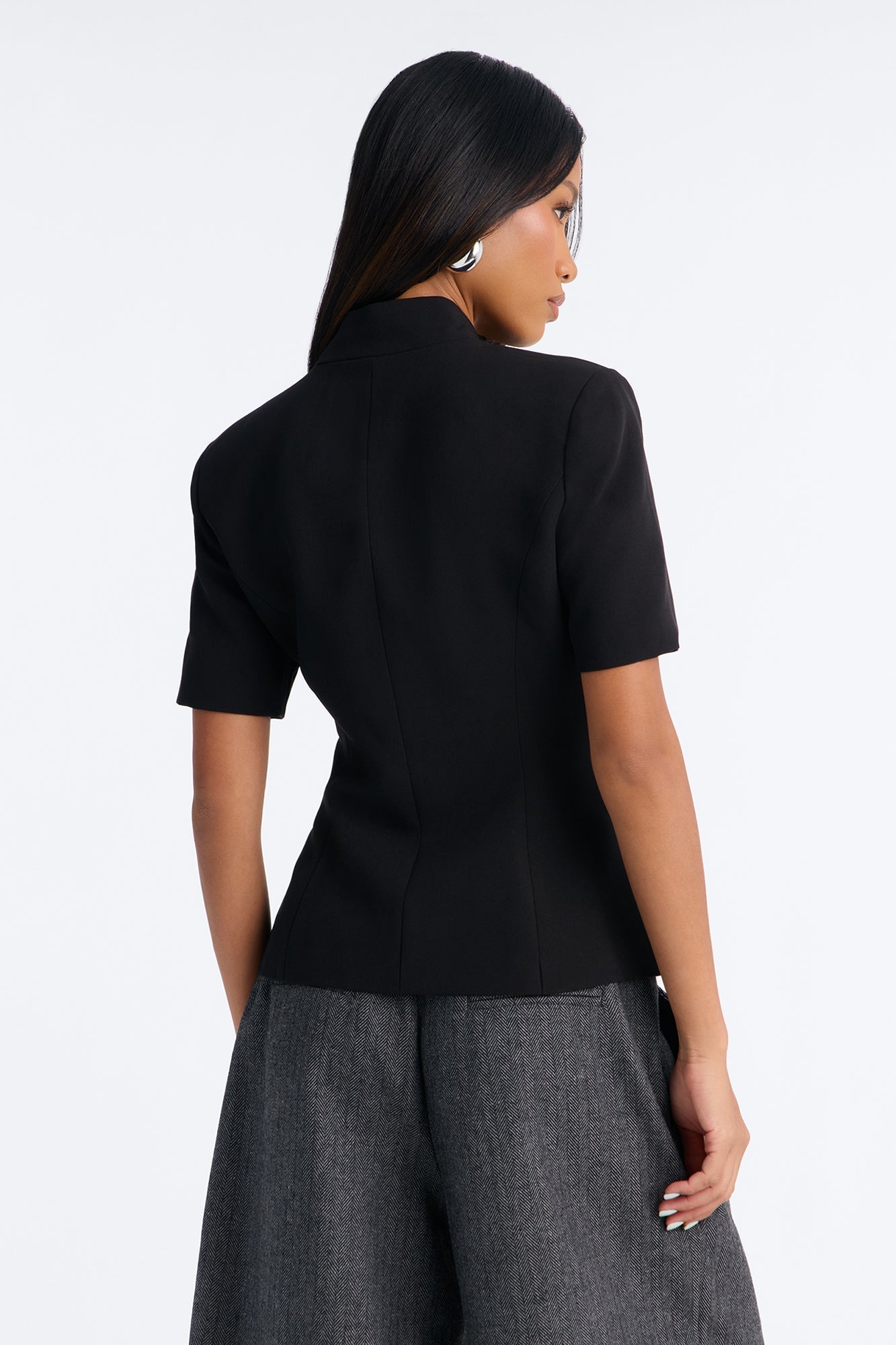 Gemini Dreams Stand Collar Short Sleeve Blazer - Black.