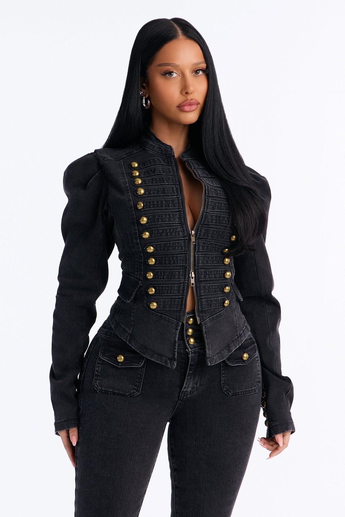 Royal Title Puff Sleeve Stretch Denim Jacket - Black Wash.
