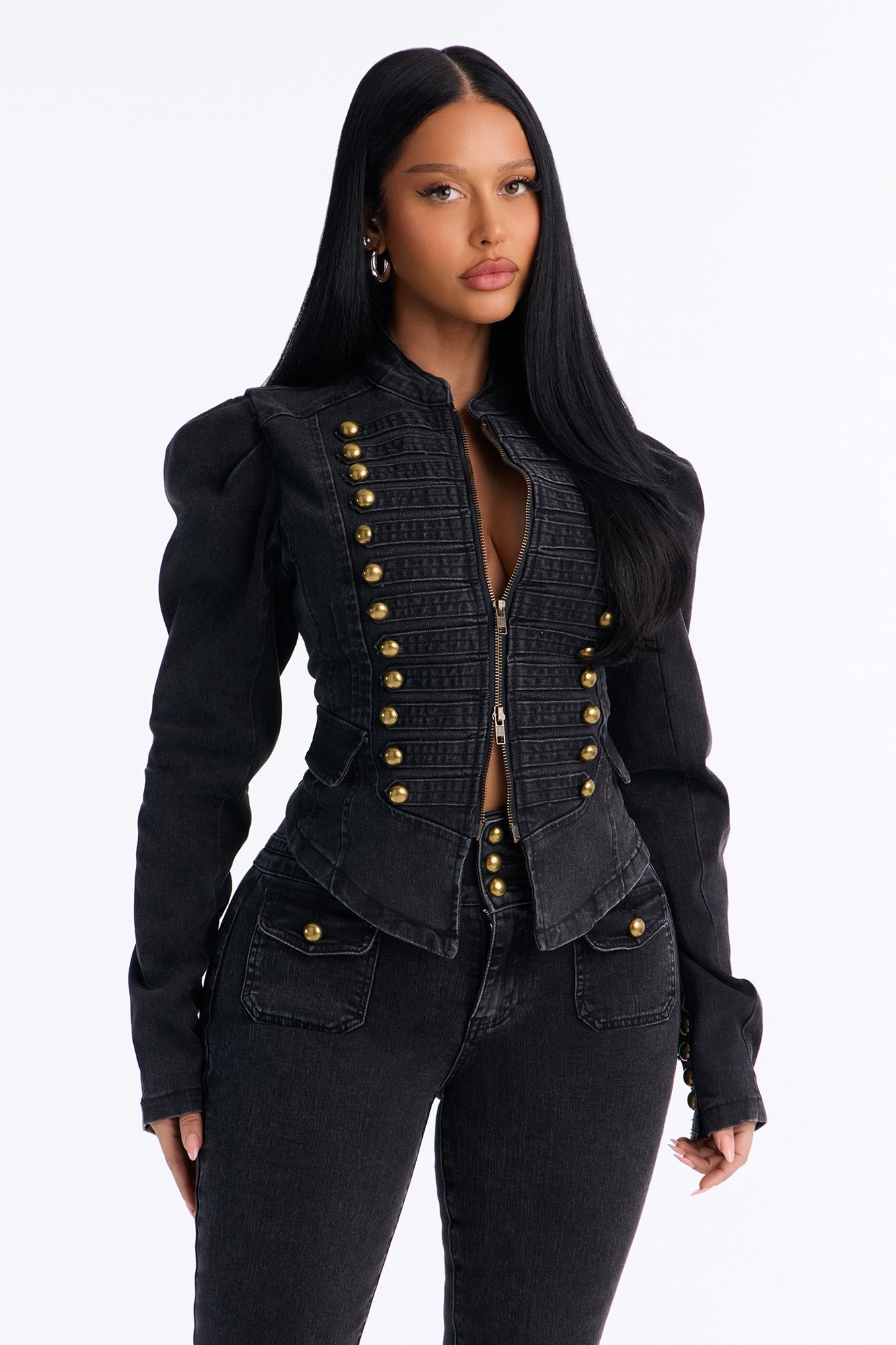 Royal Title Puff Sleeve Stretch Denim Jacket - Black Wash.