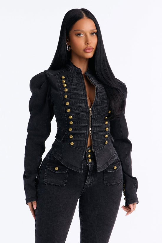 Royal Title Puff Sleeve Stretch Denim Jacket - Black Wash.