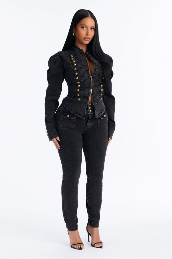 Royal Title Puff Sleeve Stretch Denim Jacket - Black Wash.