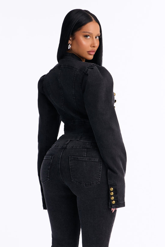 Royal Title Puff Sleeve Stretch Denim Jacket - Black Wash.
