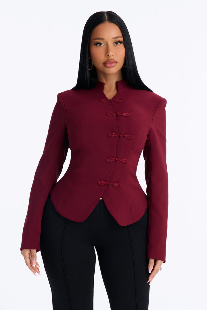Daphne Frog Closure Peplum Blazer - Burgundy.