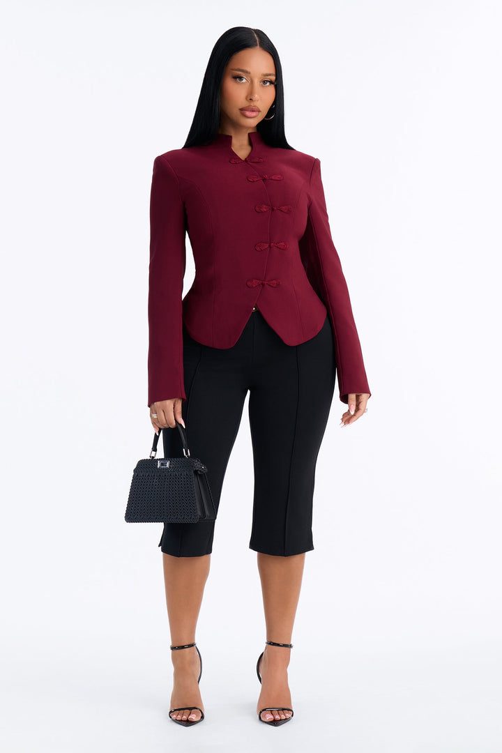 Daphne Frog Closure Peplum Blazer - Burgundy.
