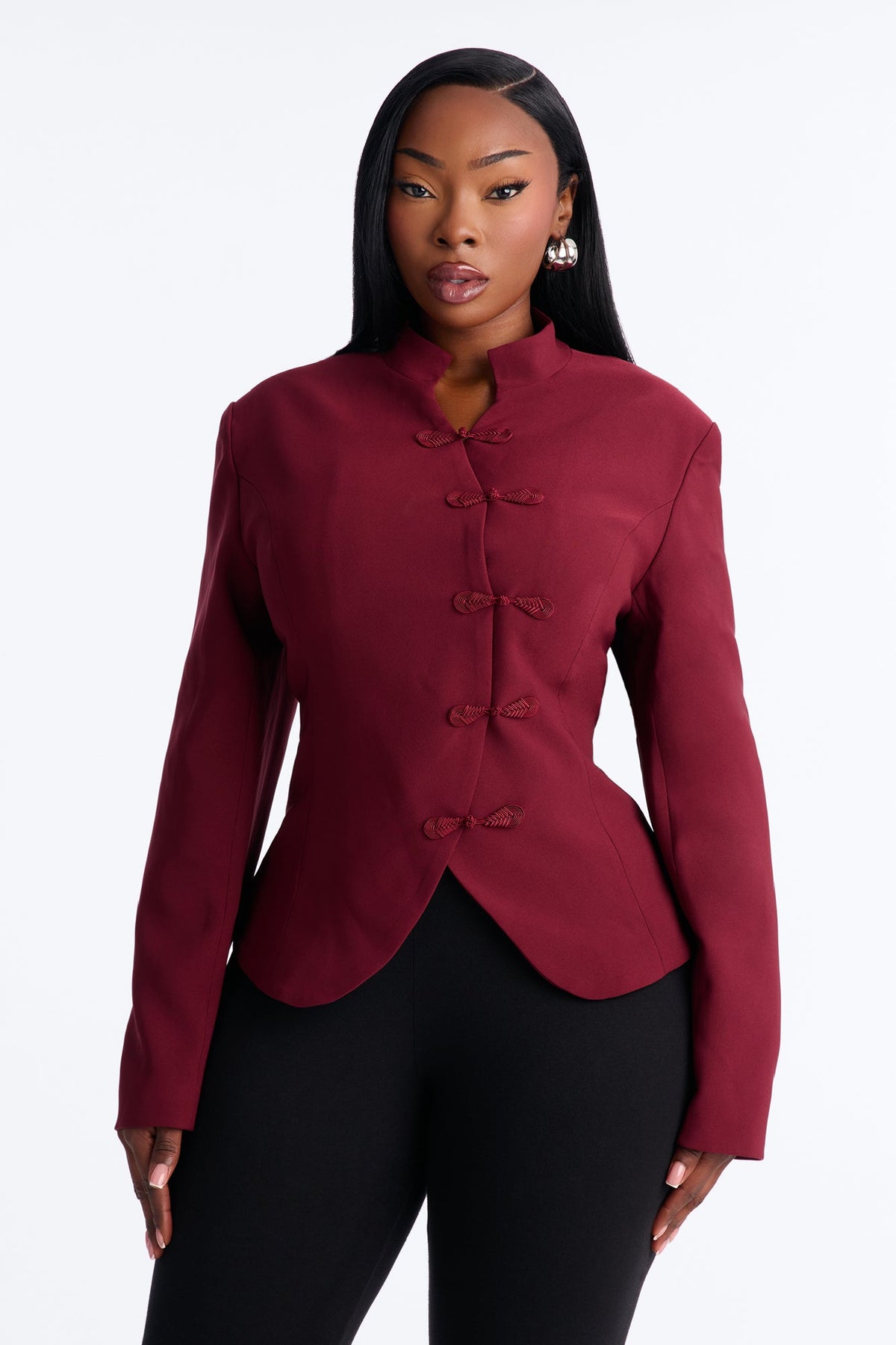 Daphne Frog Closure Peplum Blazer - Burgundy.