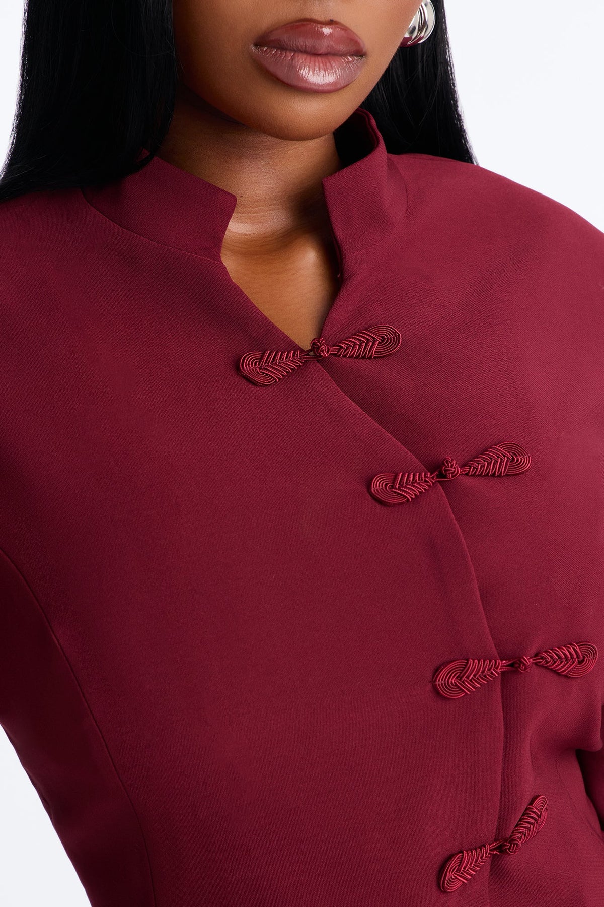 Daphne Frog Closure Peplum Blazer - Burgundy.