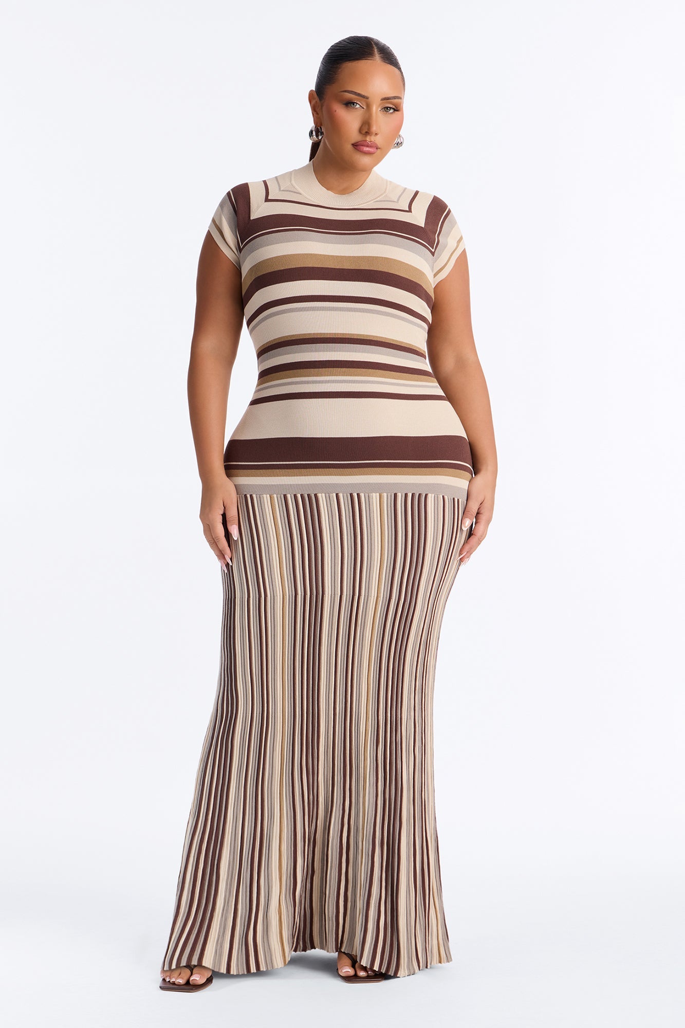 Sweet As Candy Short Sleeve Sweater Maxi Dress - Brown/combo.