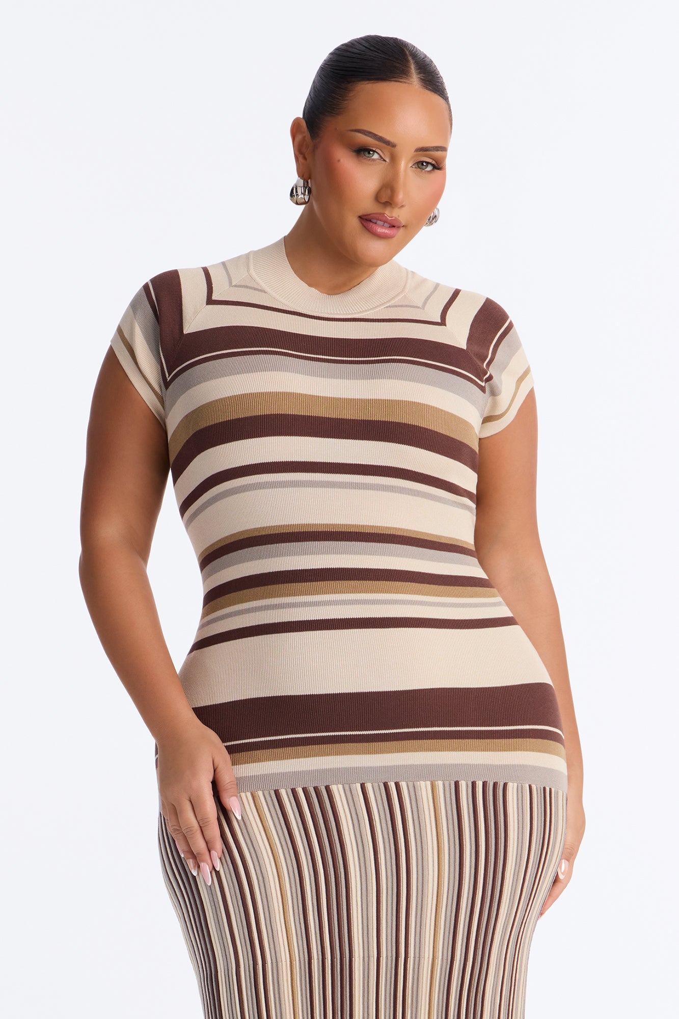 Sweet As Candy Short Sleeve Sweater Maxi Dress - Brown/combo.