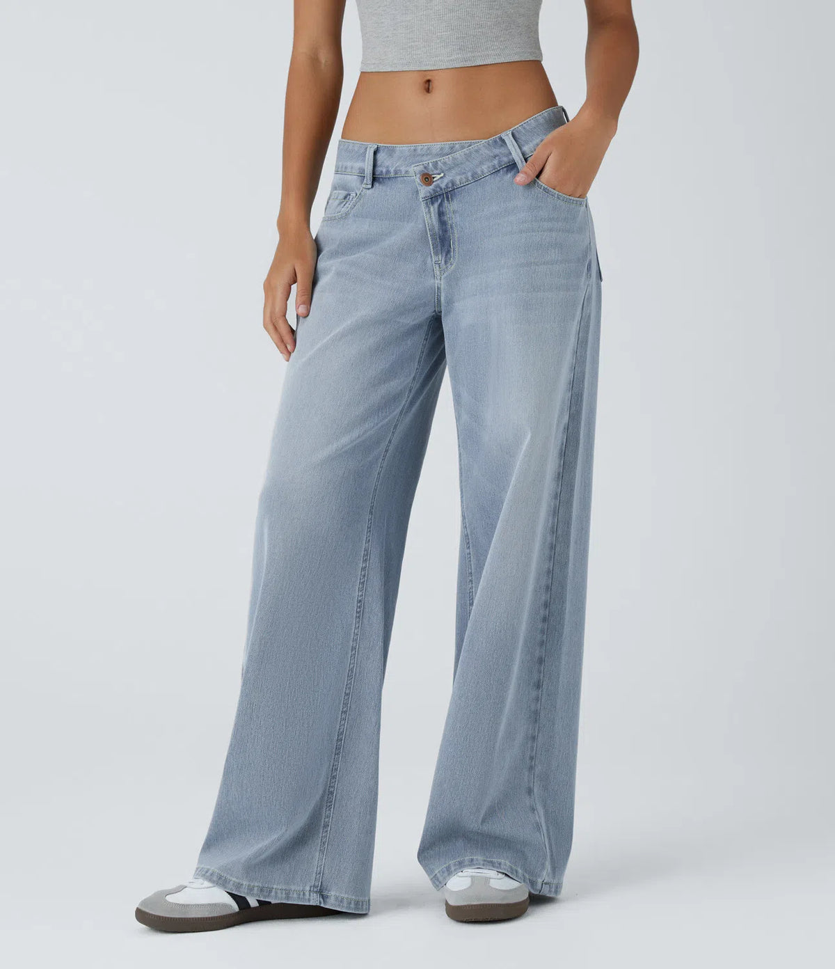 Halara Flex™ Low-rise, asymmetrical wide-leg jeans with a button