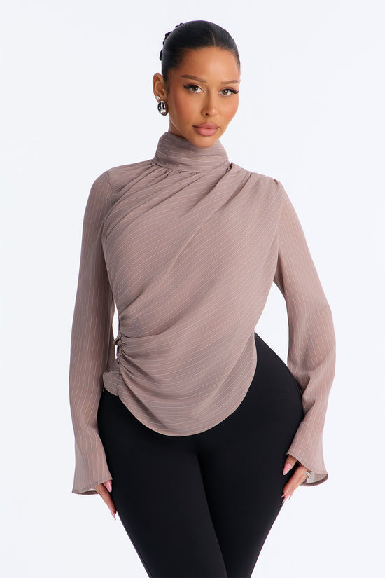 Controlled Desires Striped Long Sleeve Blouse - Taupe/combo.