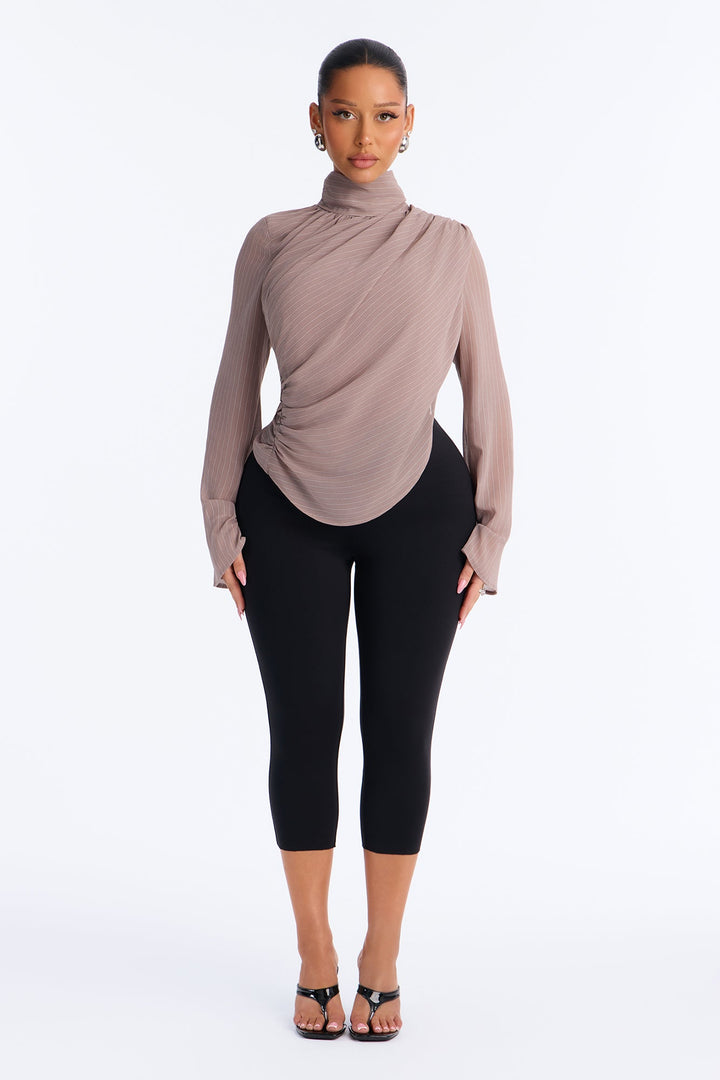 Controlled Desires Striped Long Sleeve Blouse - Taupe/combo.