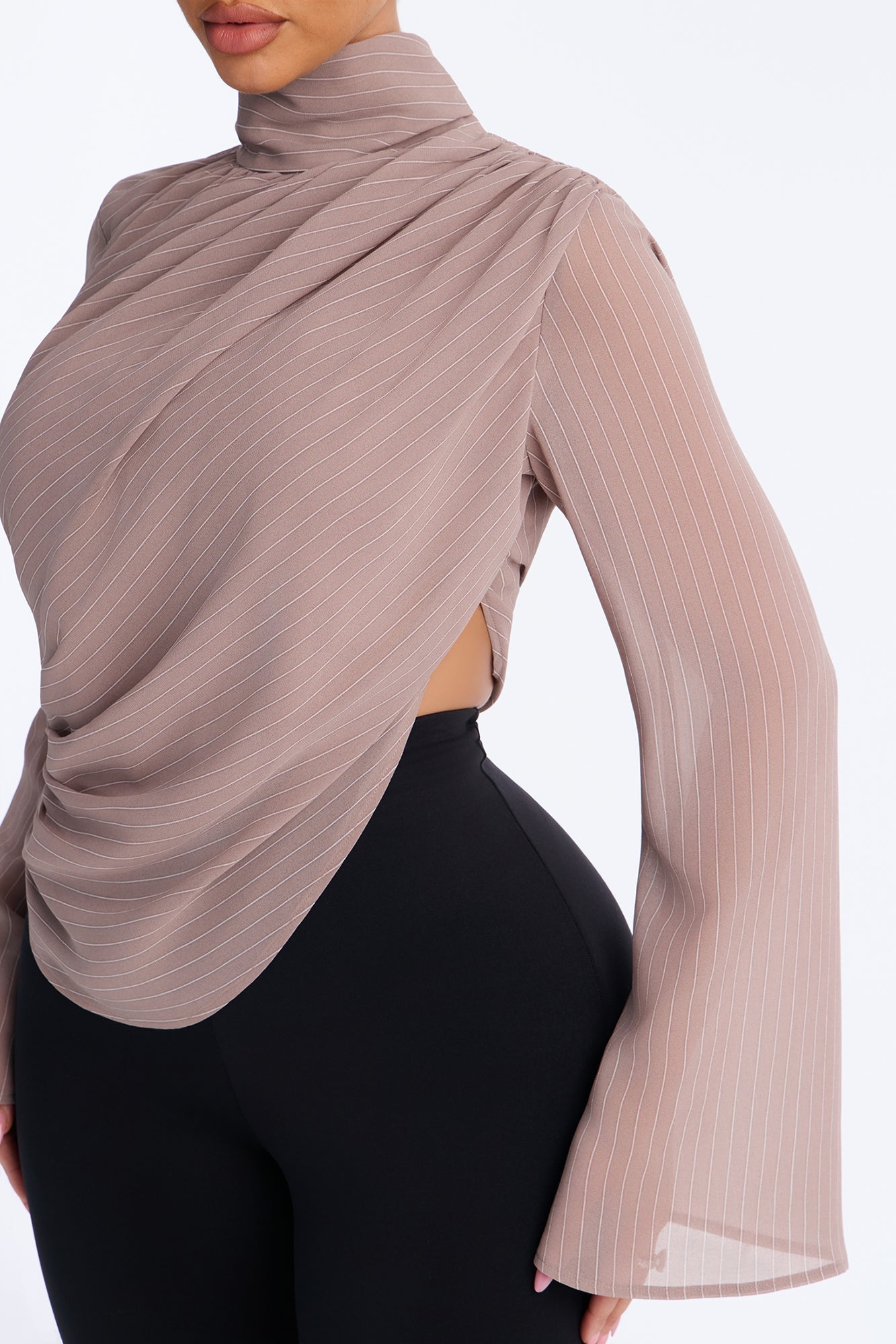 Controlled Desires Striped Long Sleeve Blouse - Taupe/combo.
