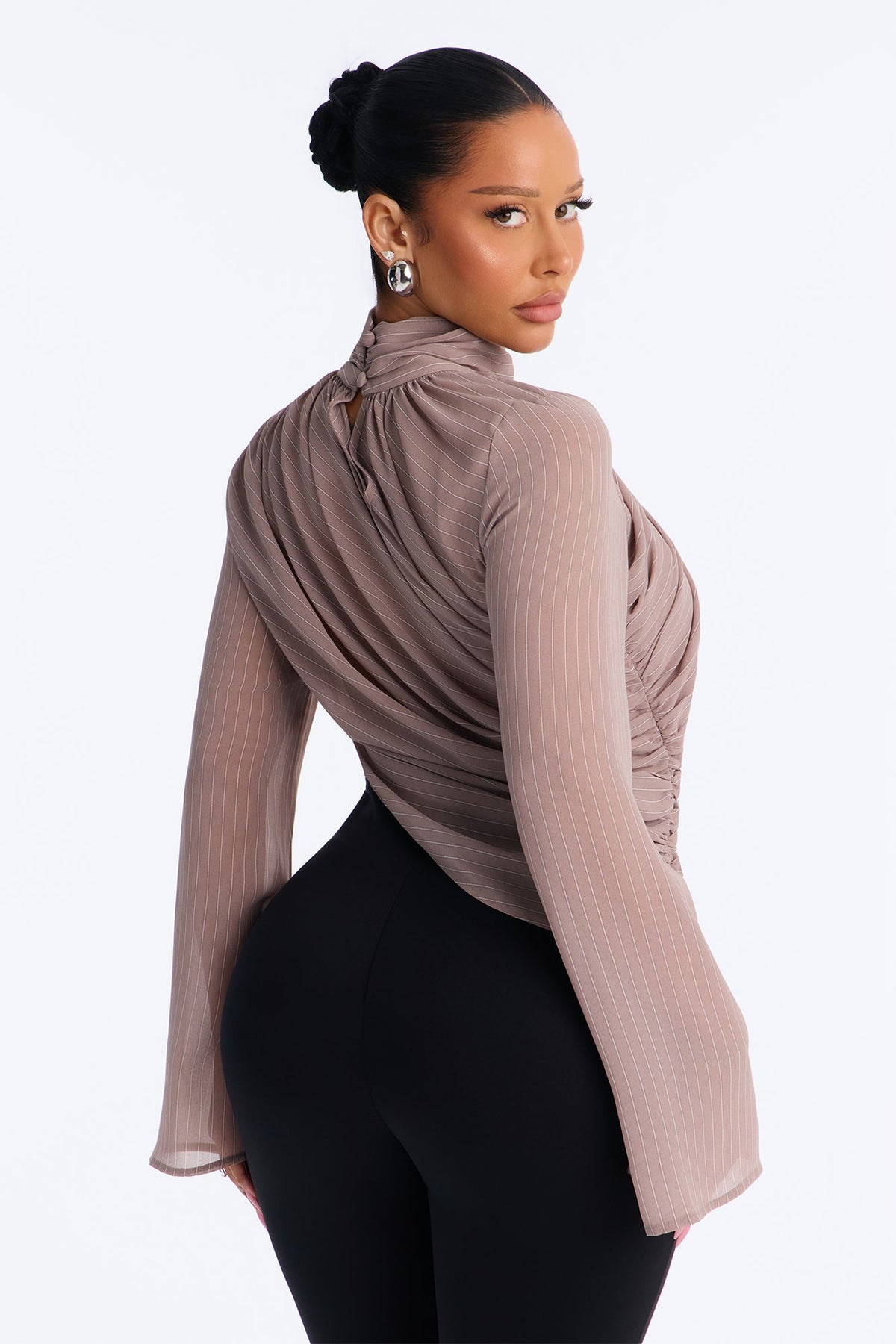 Controlled Desires Striped Long Sleeve Blouse - Taupe/combo.
