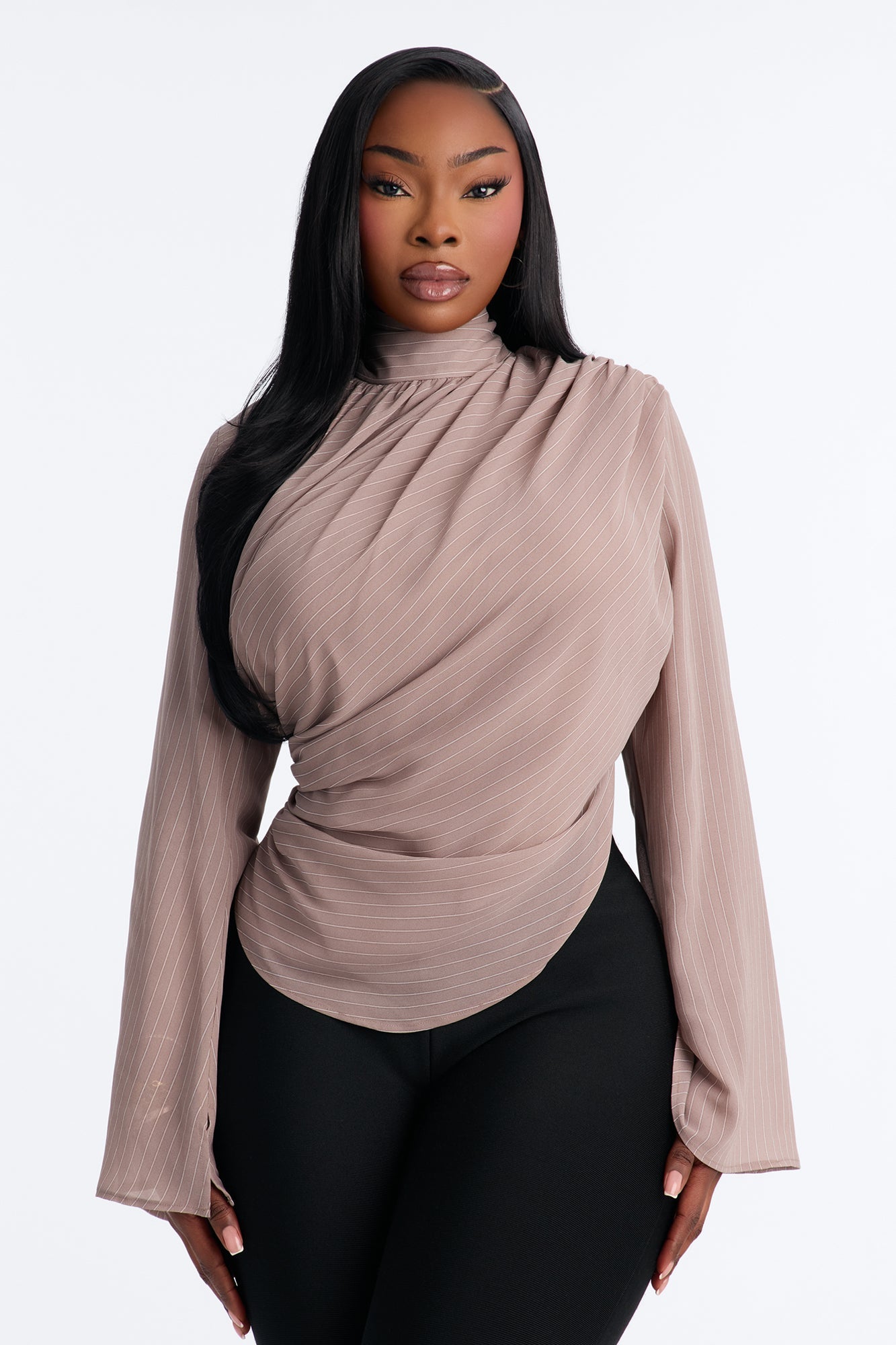Controlled Desires Striped Long Sleeve Blouse - Taupe/combo.