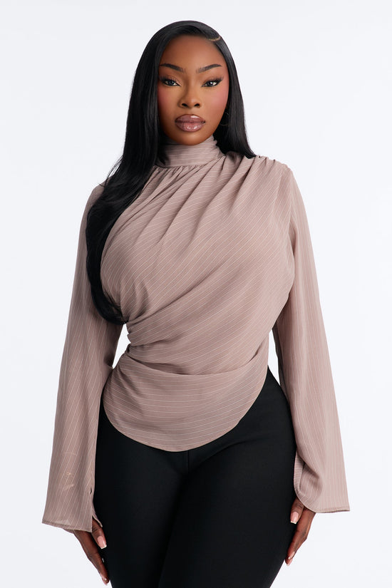 Controlled Desires Striped Long Sleeve Blouse - Taupe/combo.