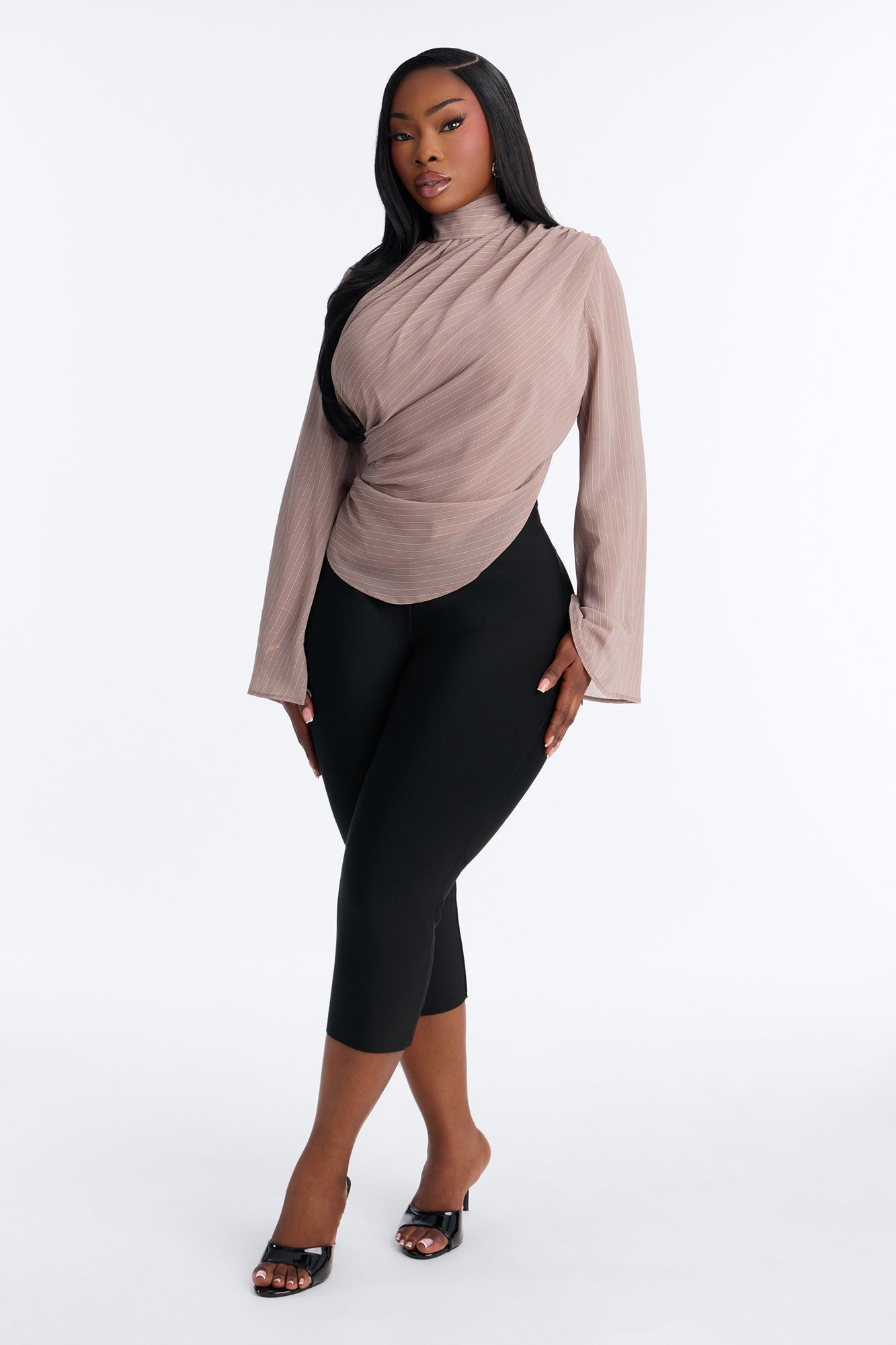 Controlled Desires Striped Long Sleeve Blouse - Taupe/combo.