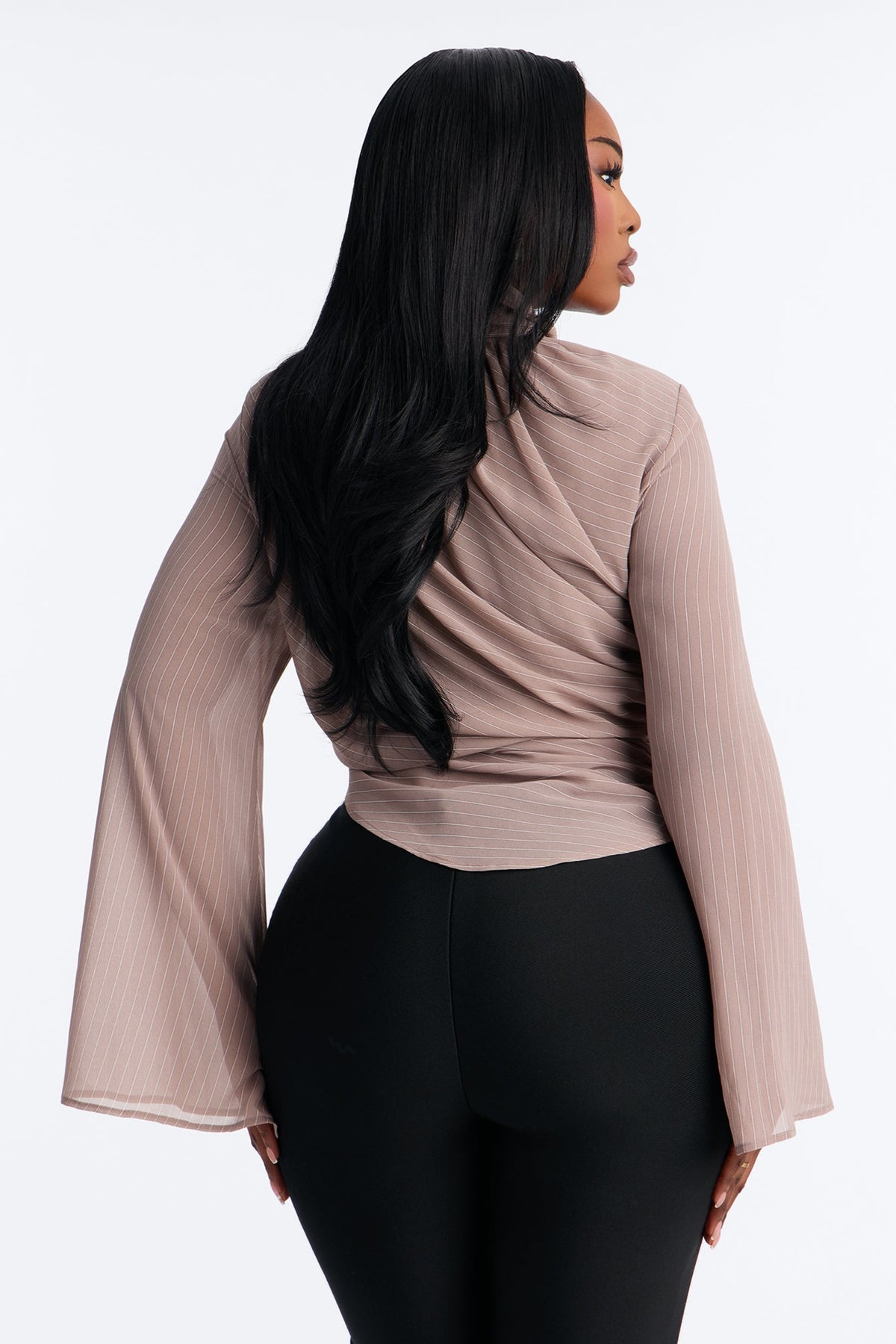 Controlled Desires Striped Long Sleeve Blouse - Taupe/combo.
