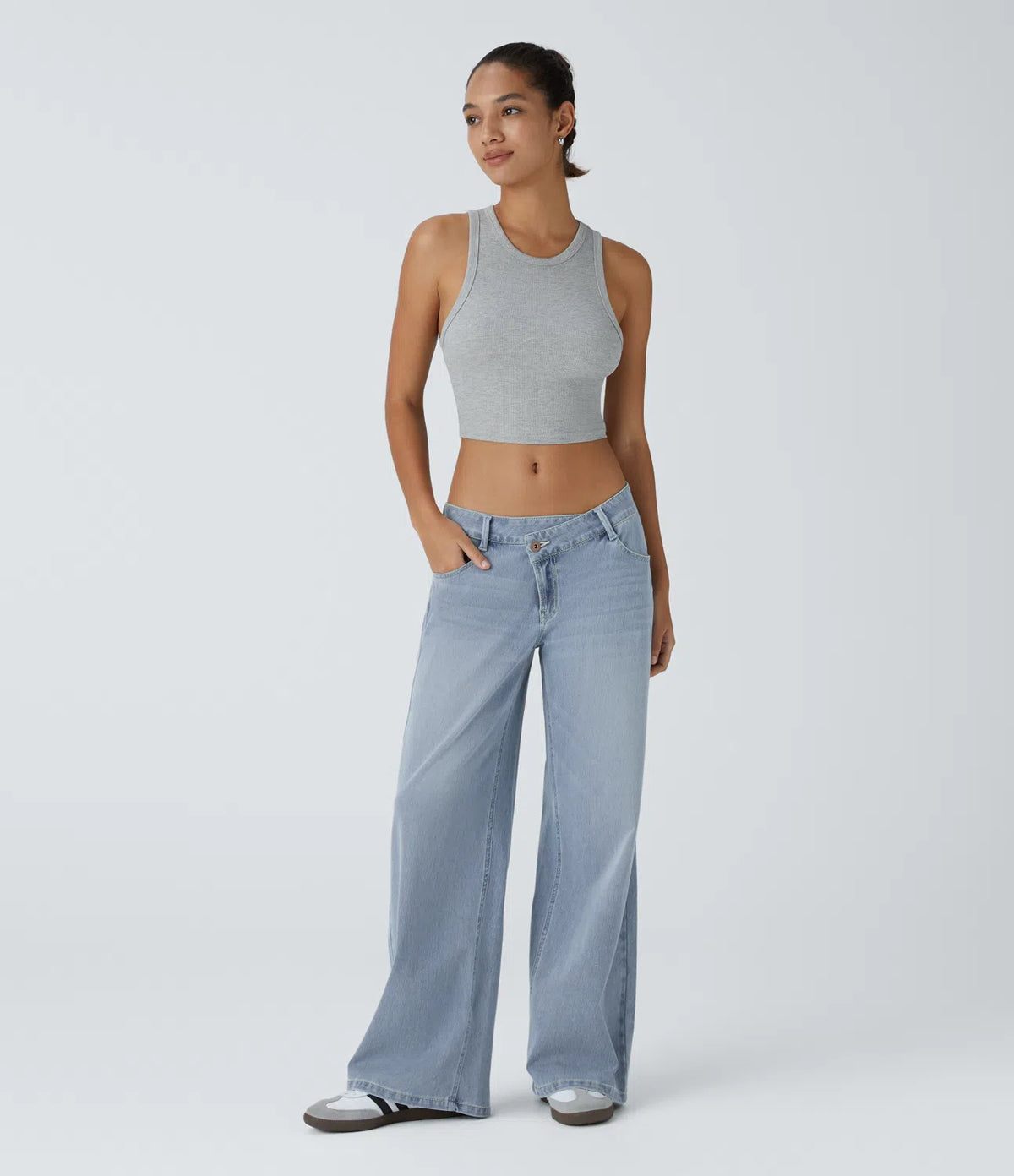 Halara Flex™ Low-rise, asymmetrical wide-leg jeans with a button
