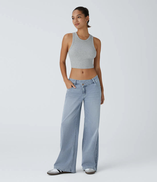 Halara Flex™ Low-rise, asymmetrical wide-leg jeans with a button