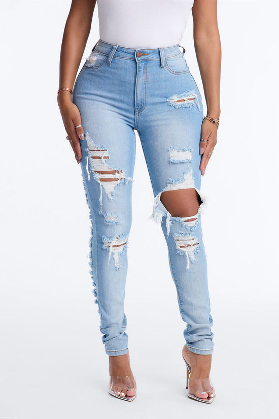 Always Playin' Games Destroyed Skinny Jeans - Light Wash.