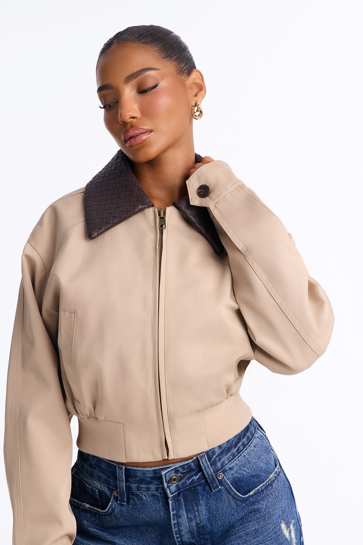 Out And About Nylon Blend Contrast Collar Jacket - Khaki/combo.