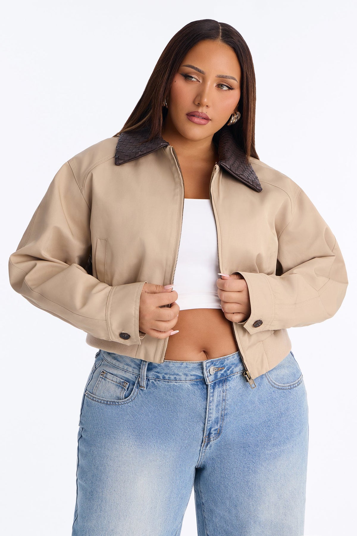 Out And About Nylon Blend Contrast Collar Jacket - Khaki/combo.