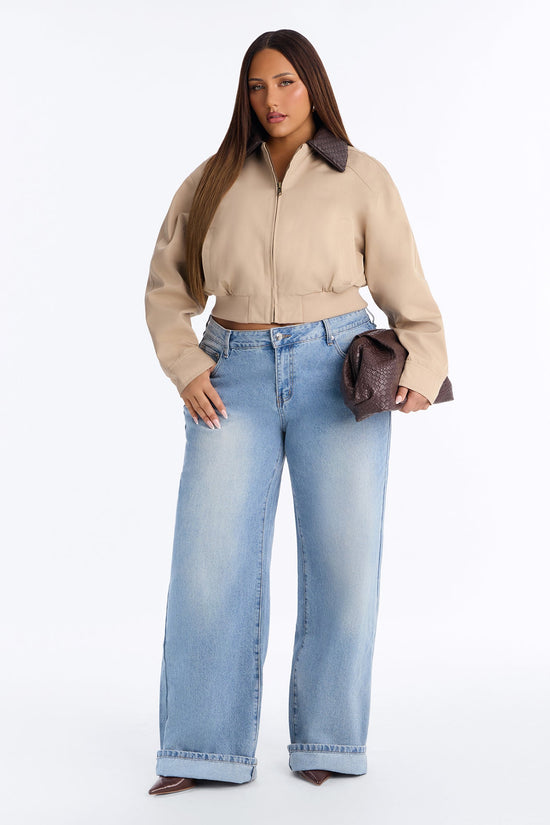 Out And About Nylon Blend Contrast Collar Jacket - Khaki/combo.