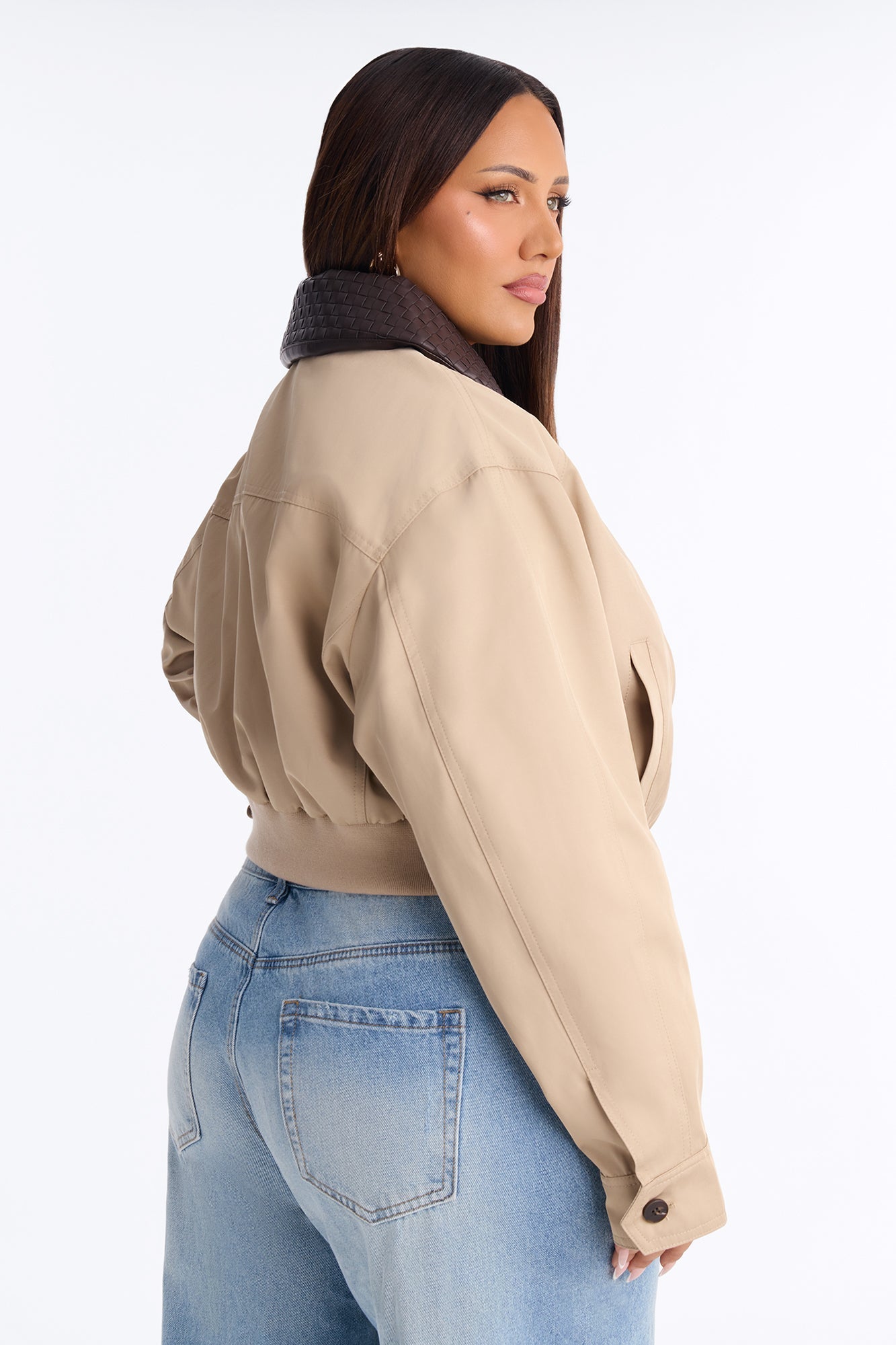 Out And About Nylon Blend Contrast Collar Jacket - Khaki/combo.