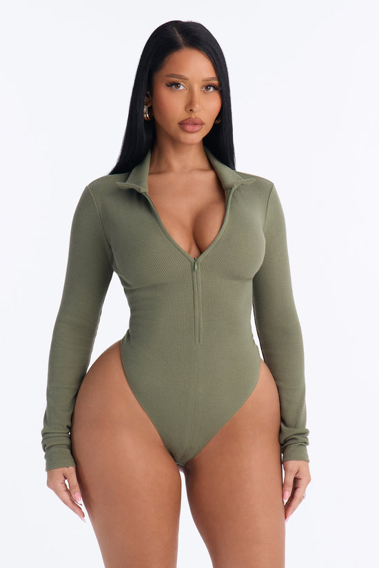 Hustle And Grind Long Sleeve Bodysuit - Olive.