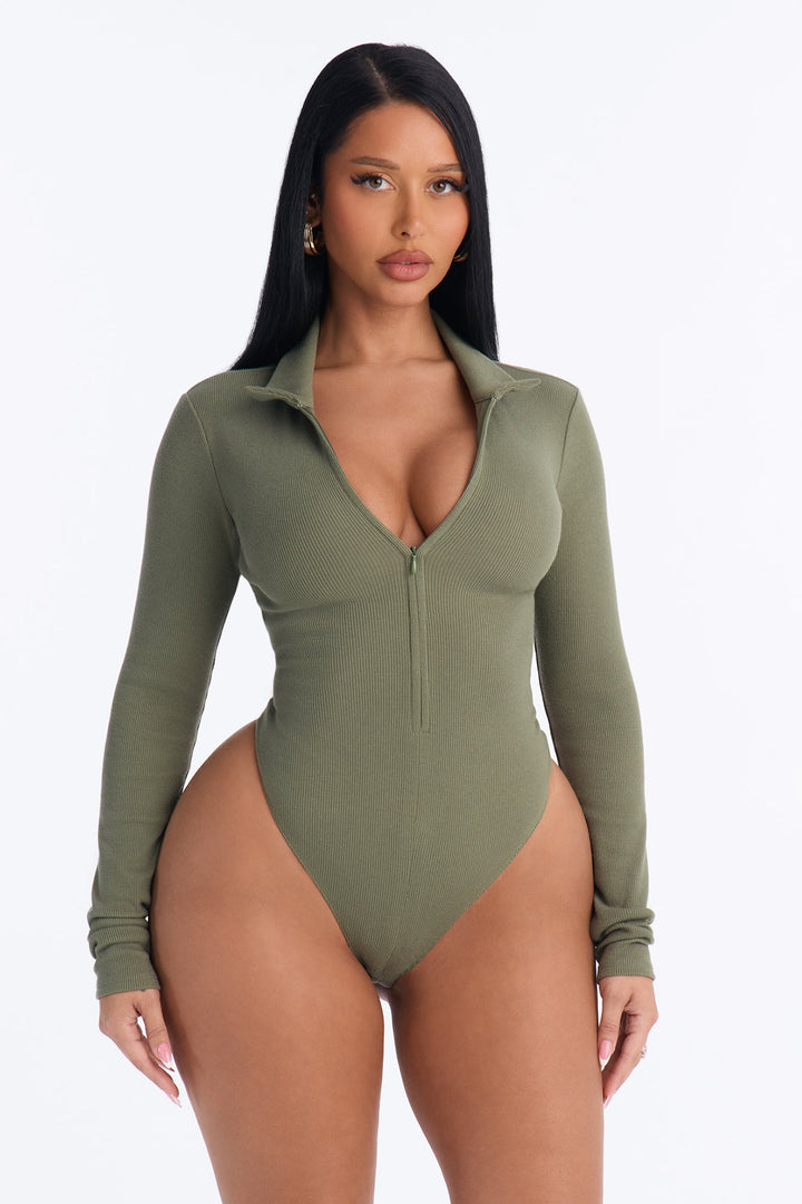Hustle And Grind Long Sleeve Bodysuit - Olive.