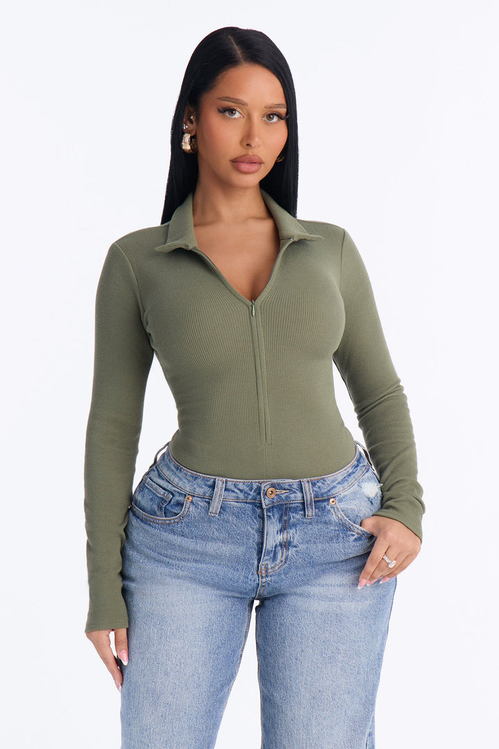 Hustle And Grind Long Sleeve Bodysuit - Olive.