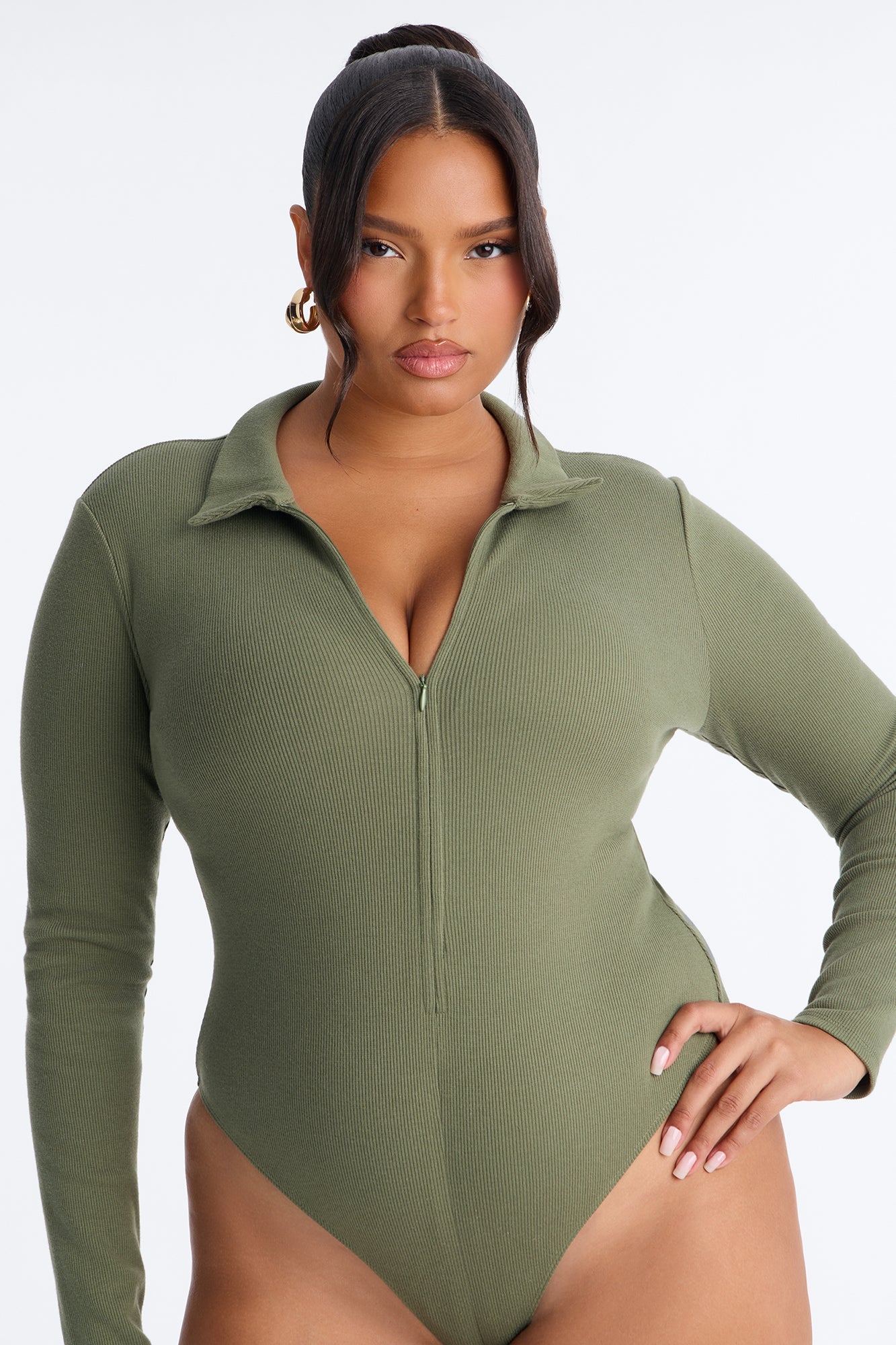 Hustle And Grind Long Sleeve Bodysuit - Olive.