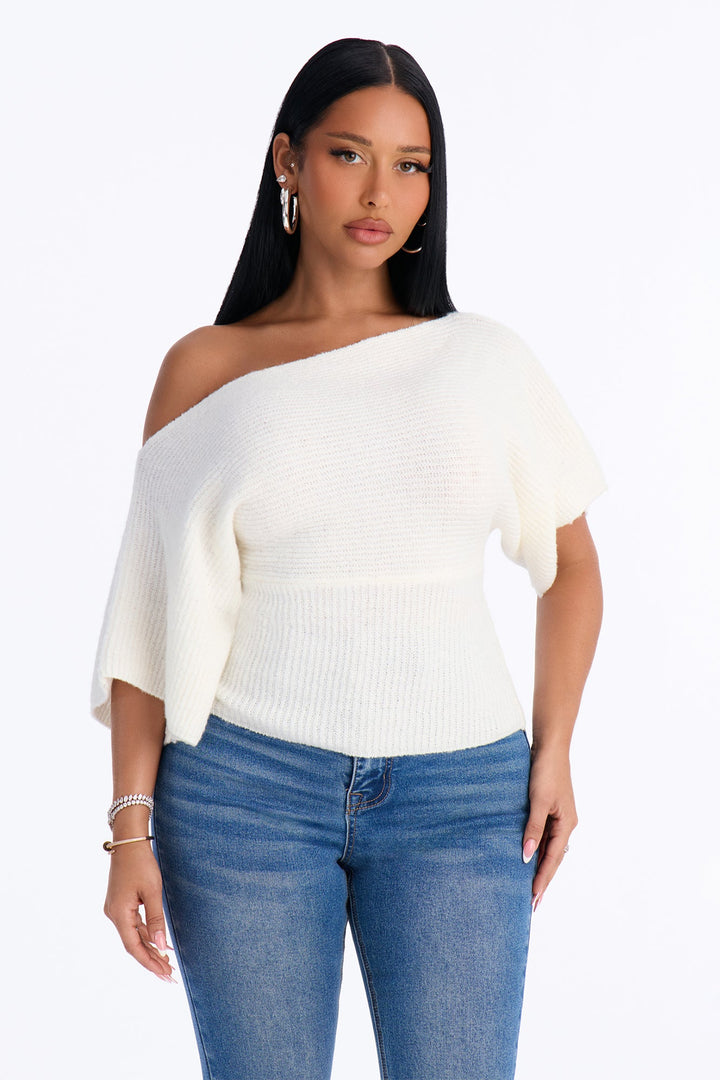 Carol One Shoulder Sweater Top - Ivory.