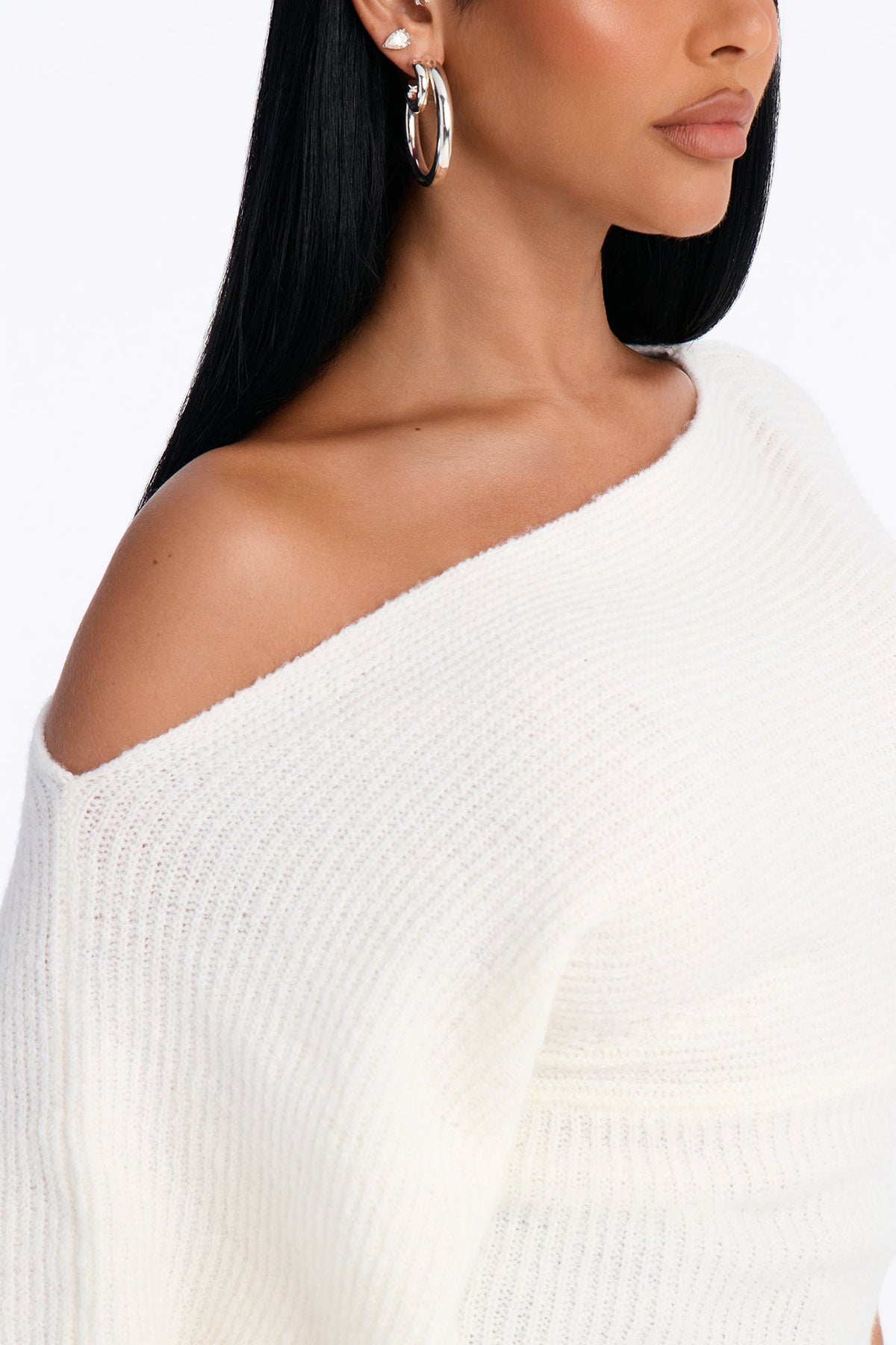 Carol One Shoulder Sweater Top - Ivory.