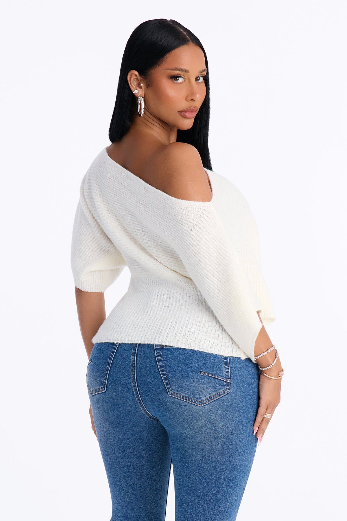 Carol One Shoulder Sweater Top - Ivory.