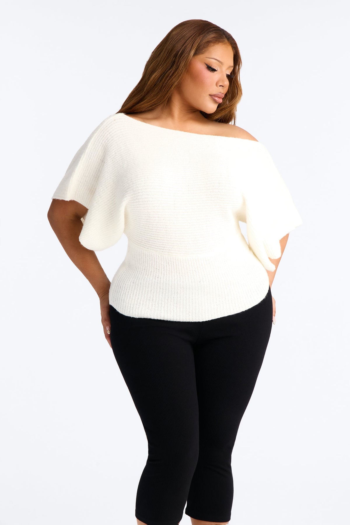 Carol One Shoulder Sweater Top - Ivory.