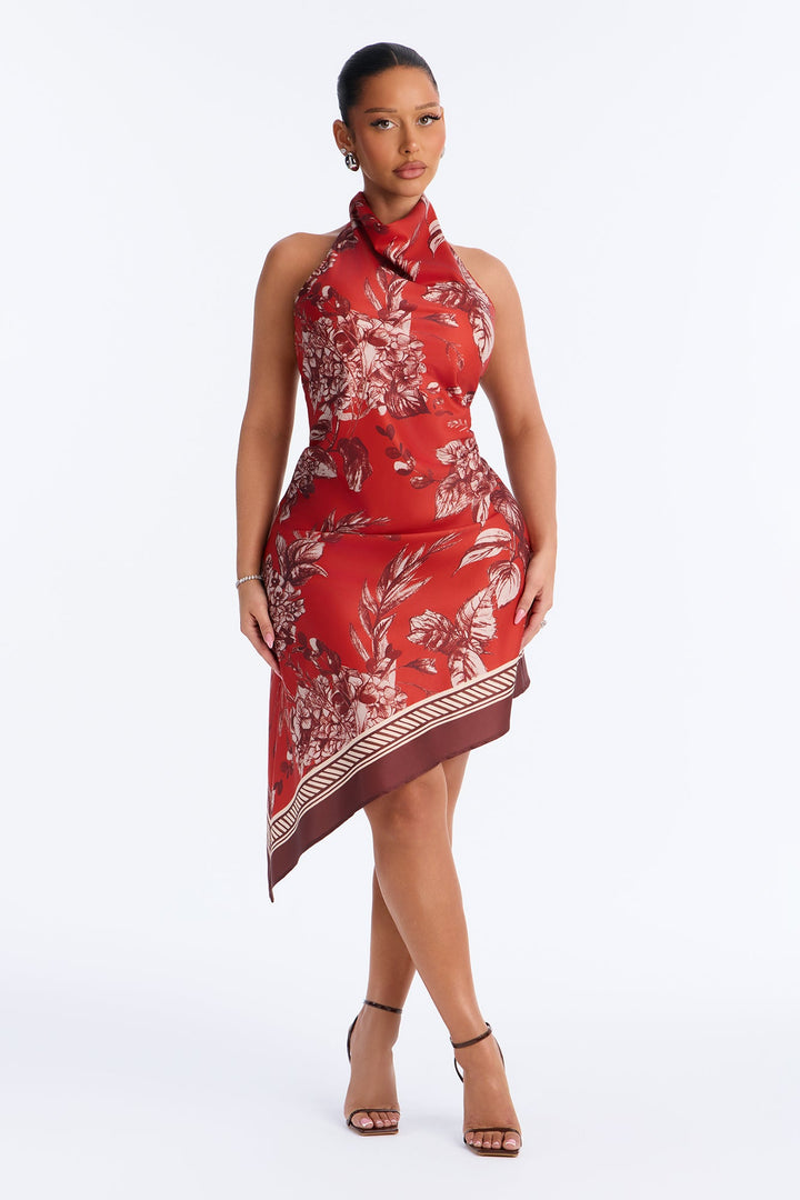 Floral Fall Feelings Satin Halter Midi Dress - Rust/combo.