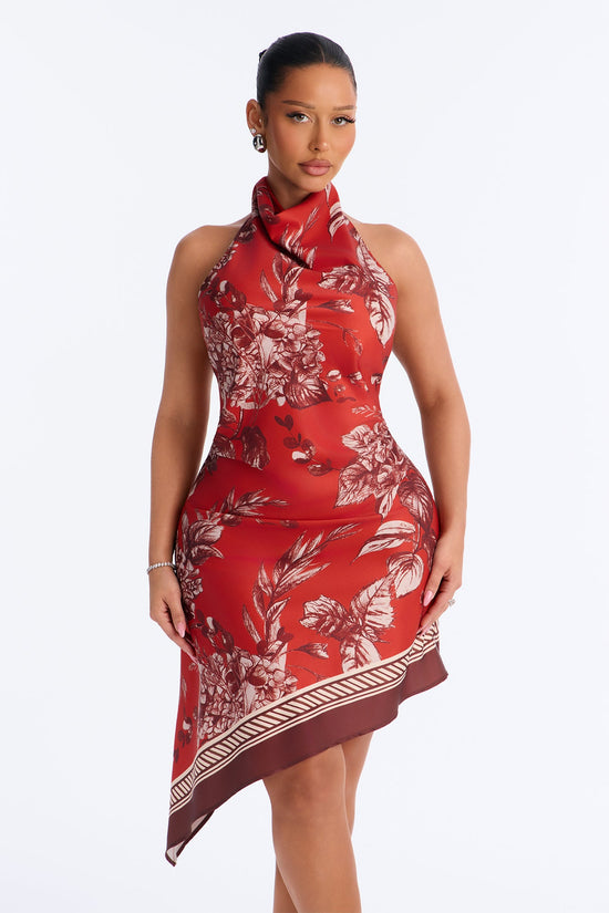 Floral Fall Feelings Satin Halter Midi Dress - Rust/combo.