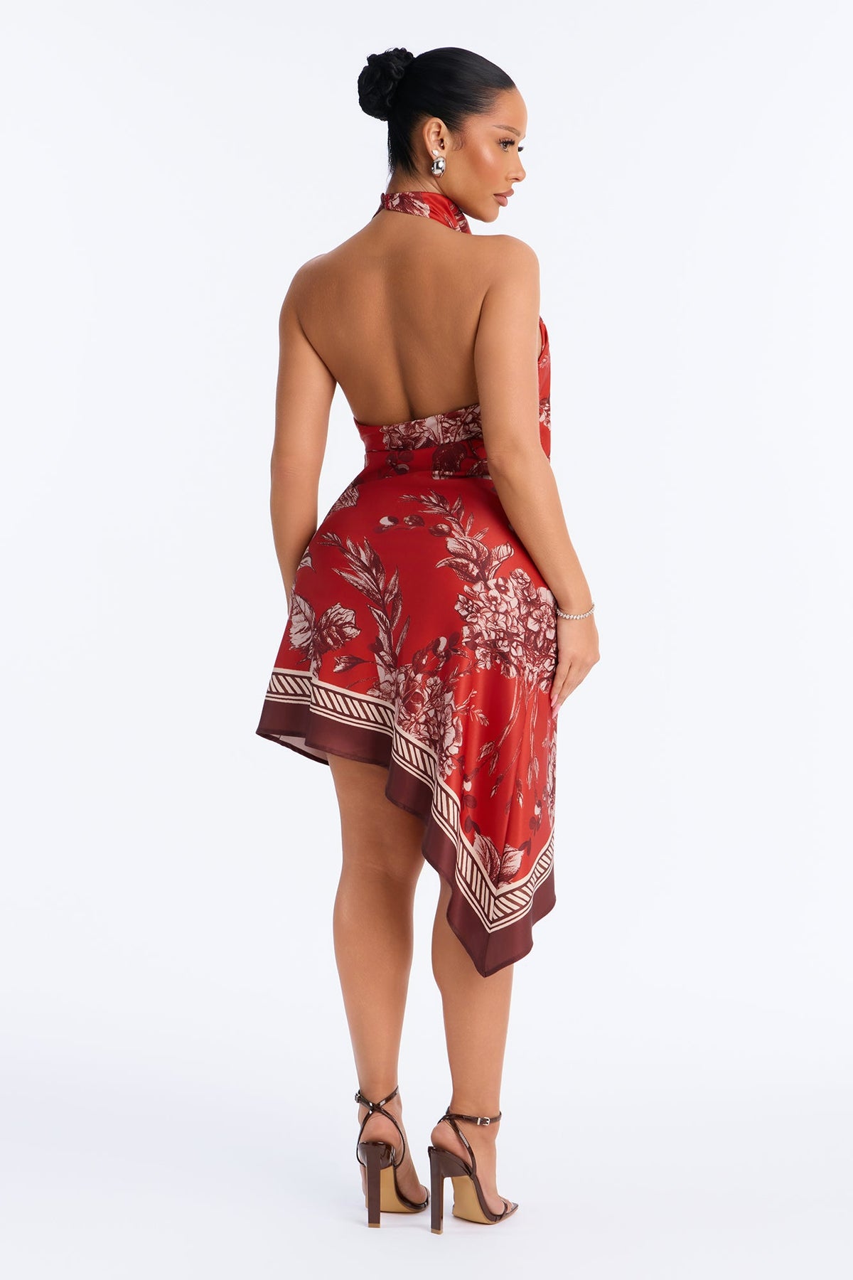 Floral Fall Feelings Satin Halter Midi Dress - Rust/combo.