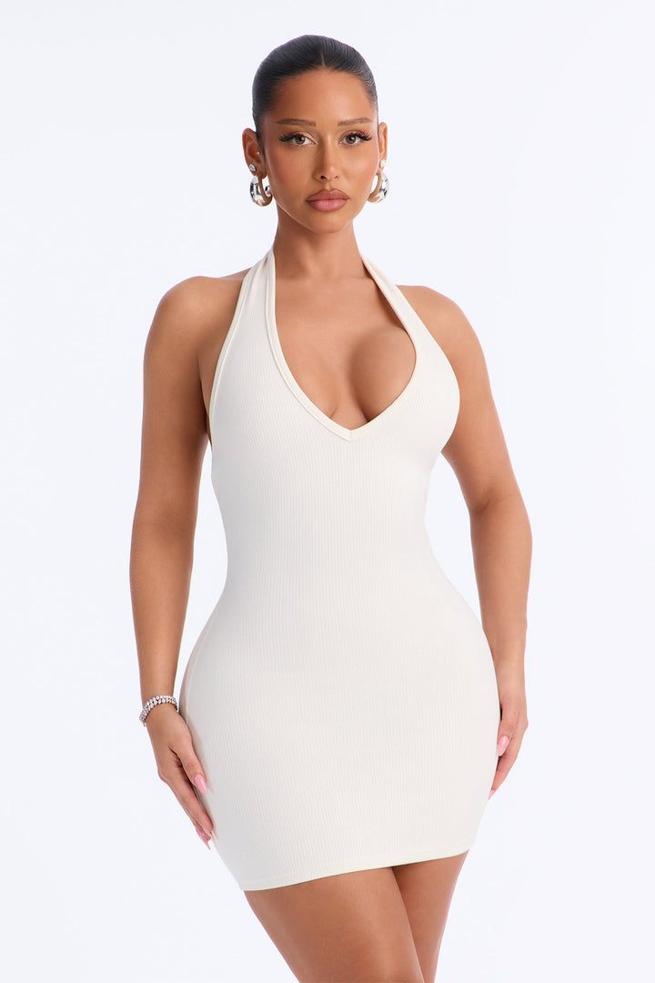 Celeste Snatched Halter Mini Dress - Off White.