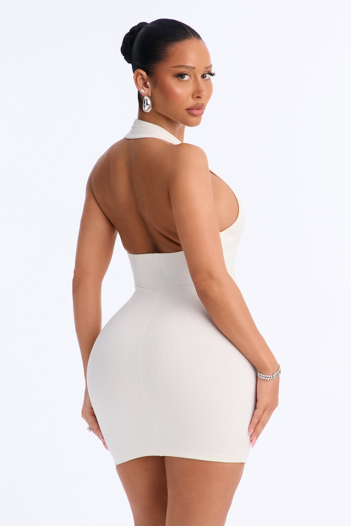 Celeste Snatched Halter Mini Dress - Off White.