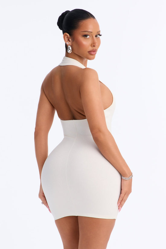 Celeste Snatched Halter Mini Dress - Off White.