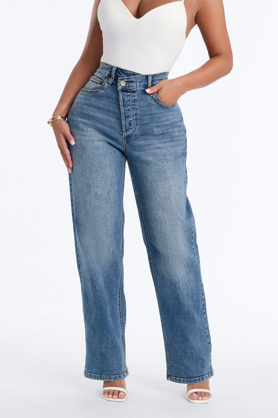 Petite In Sync Stretch Crossover Straight Leg Jeans - Dark Wash.
