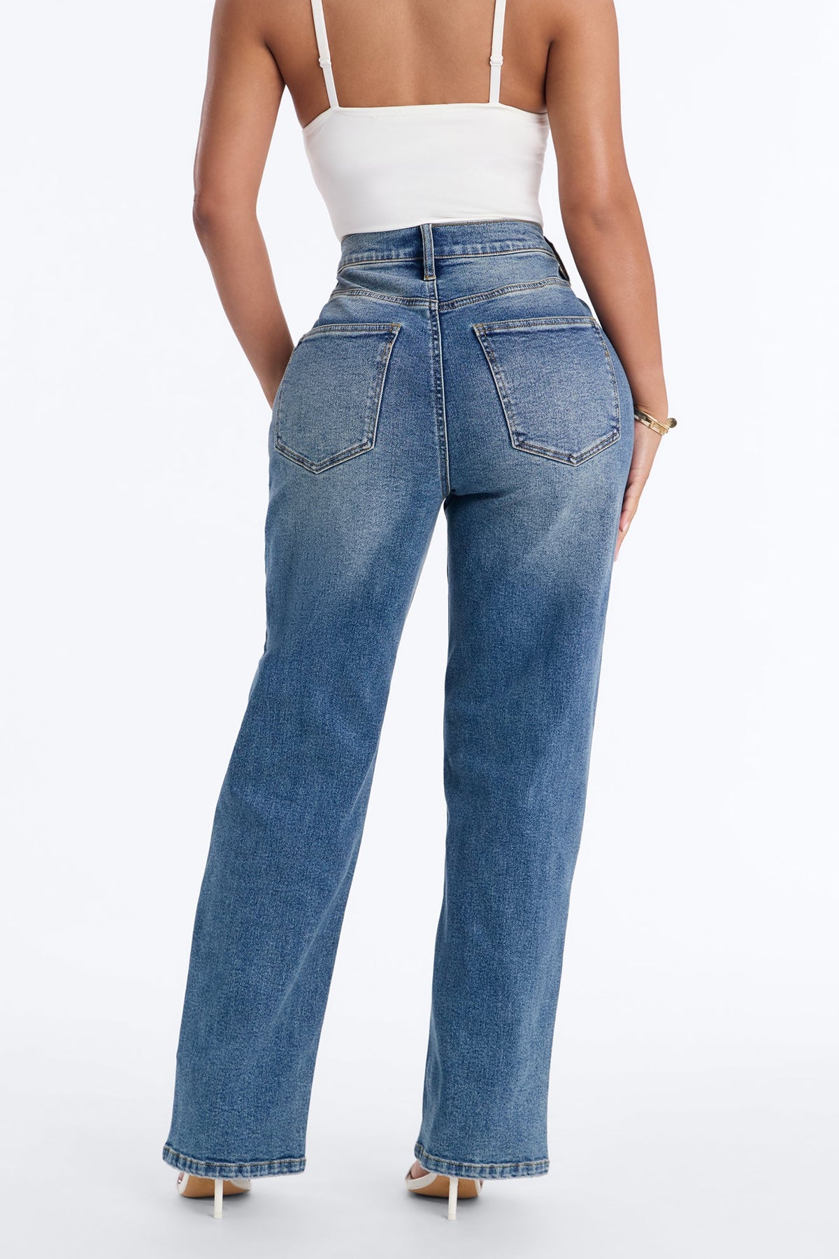 Petite In Sync Stretch Crossover Straight Leg Jeans - Dark Wash.