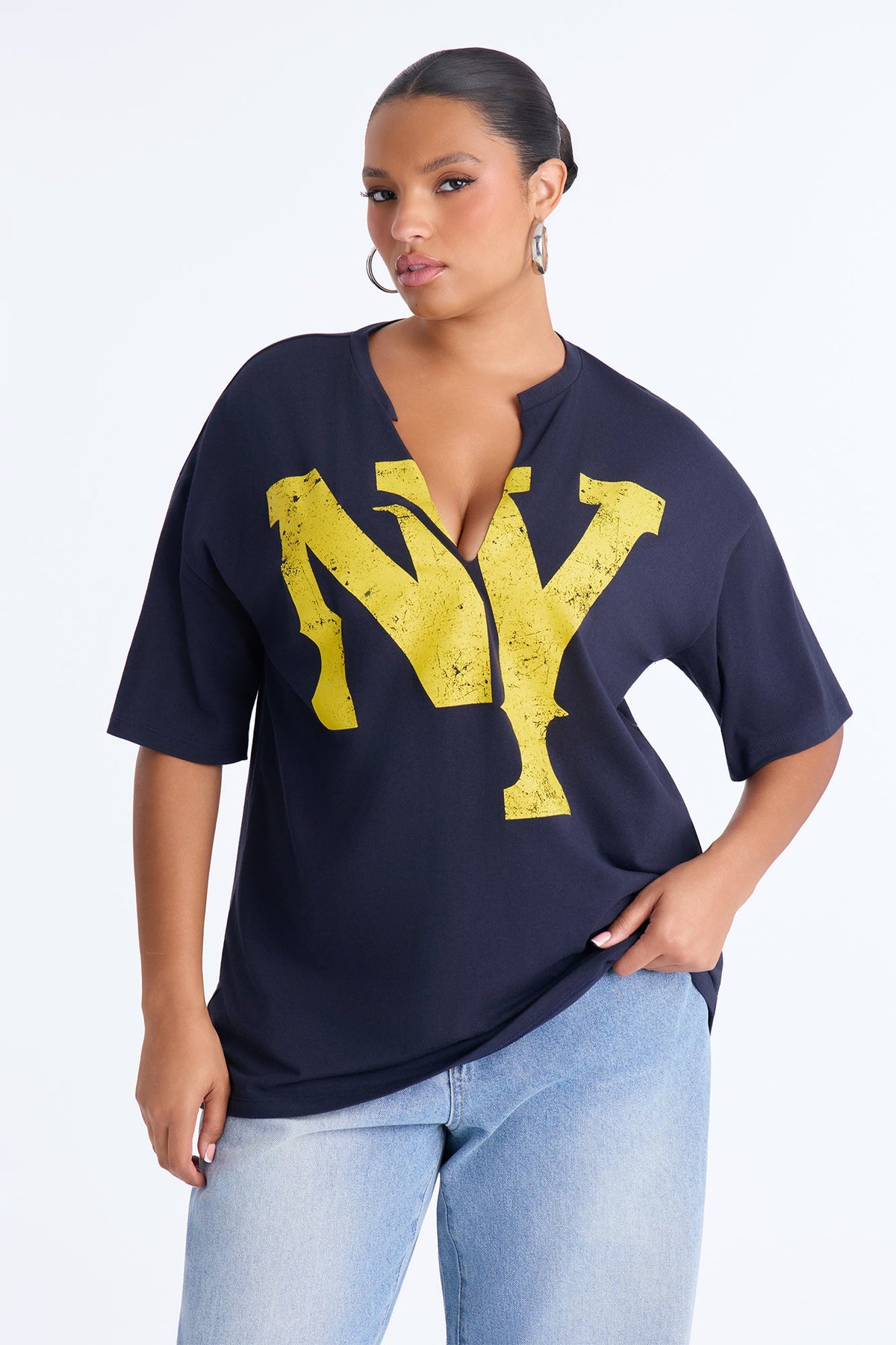 NY Represent Notch Neck Tee - Navy.