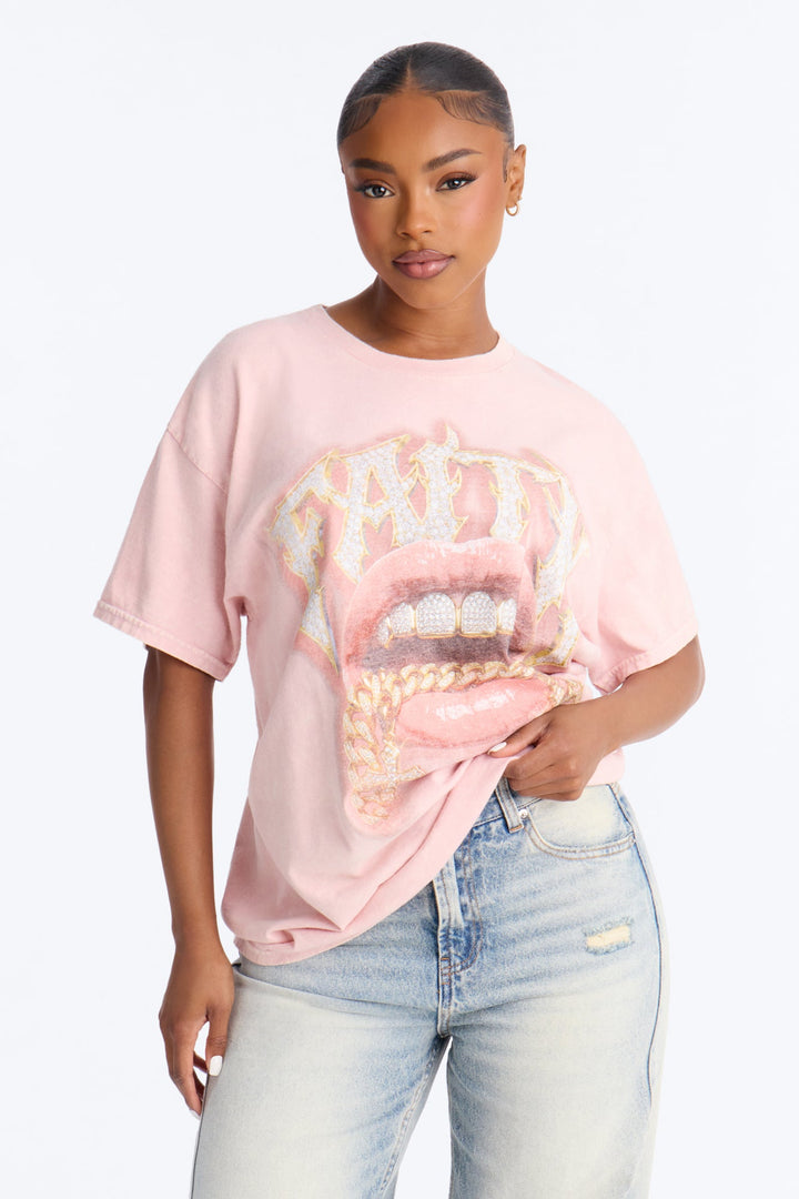 Faith In My Grillz Washed Tee - Pink.