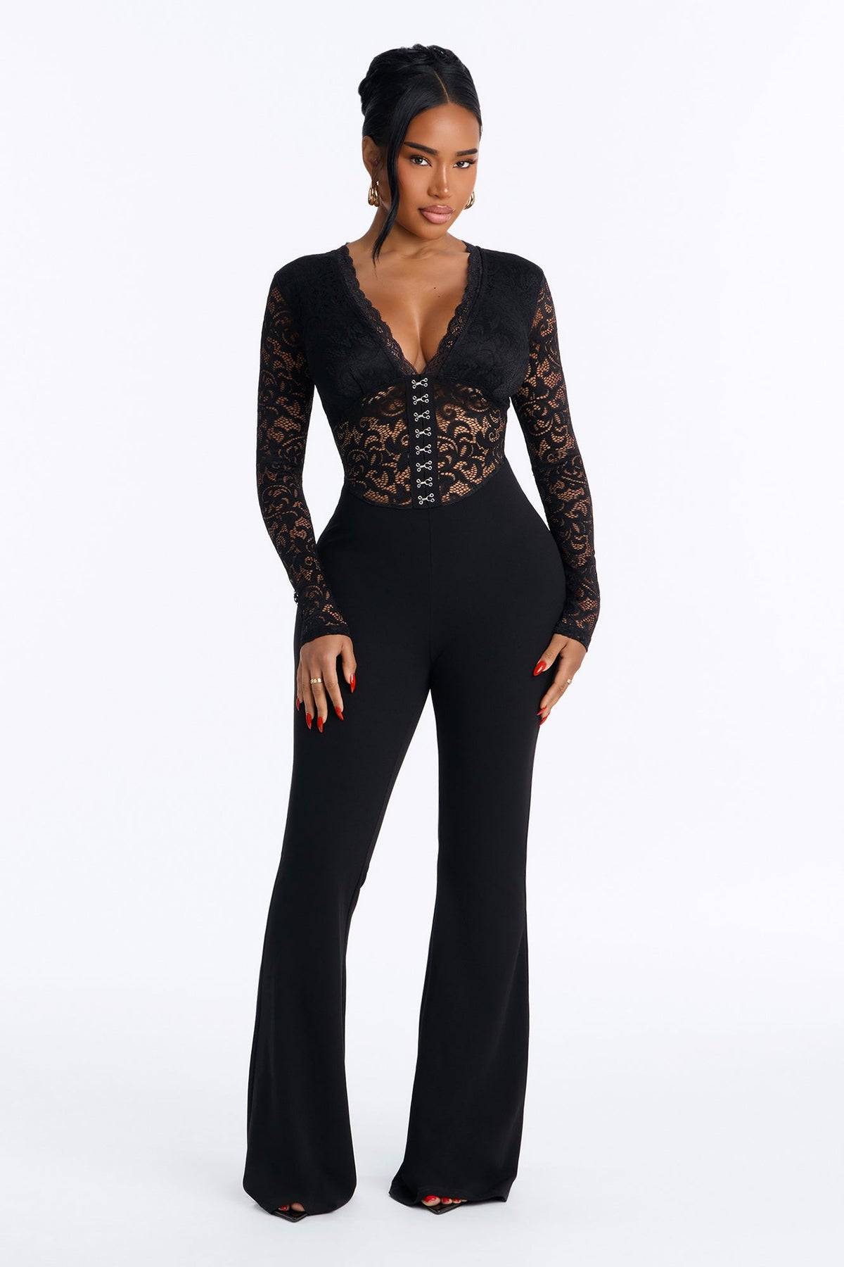 Make Him Wait Lace Long Sleeve Wide Leg Jumpsuit - Black.