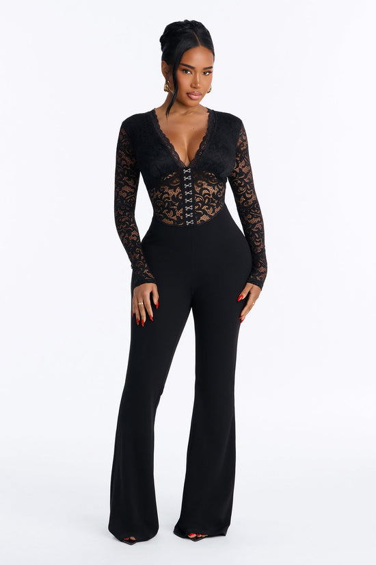 Make Him Wait Lace Long Sleeve Wide Leg Jumpsuit - Black.