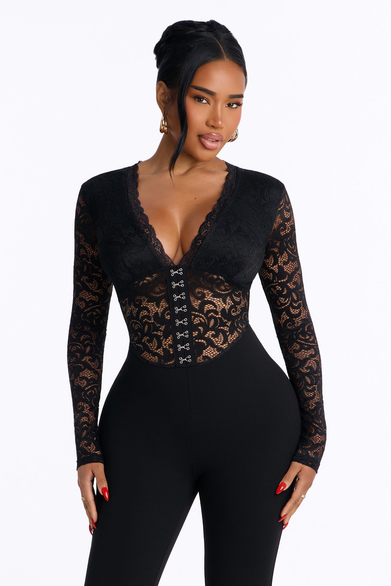 Make Him Wait Lace Long Sleeve Wide Leg Jumpsuit - Black.